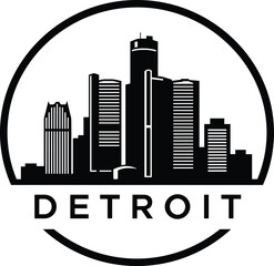 Detroit skyline logo vector with modern skyscrapers in circle design, minimalist cityscape silhouette for prints, branding, and merchandise