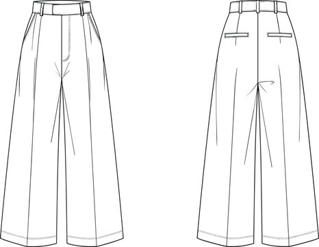 Women wide leg trousers technical sketch, front and back view, high waist pleated pants, fashion apparel template, cad drawing flat vector illustration