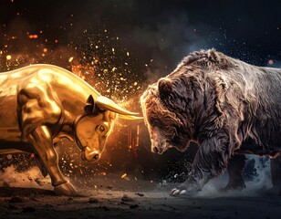 A golden bull and a grizzly bear face each other in conflict