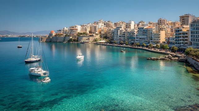 Coastal cityscape borders sparkling turquoise bay filled with several moored boats under bright daylight