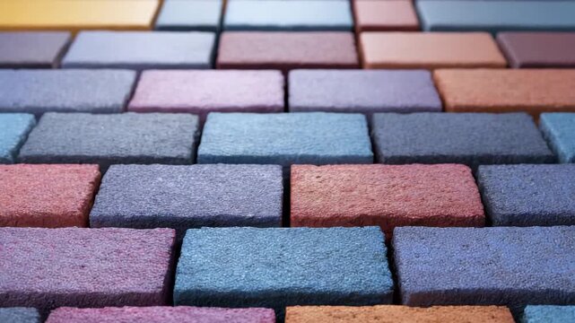 Colorful Brick Wall Textured Surface with Pastel Shades and Vibrant Pattern, Close Up of Horizontal Construction Material, Creative Design, Urban Style, Cheerful Mood, Geometric Arrangement