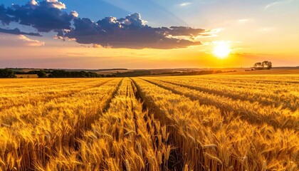 A golden wheat field glows at sunset under a dynamic, cloudy sky