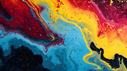 Vivid, swirling, multi-colored liquids create an abstract fluid art pattern