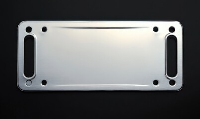 Fototapeta premium Shiny silver rectangular metal plate with rounded edges and multiple circular and elongated holes on a dark background