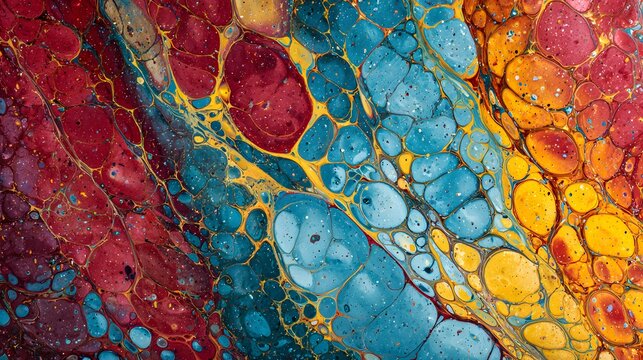 Vivid liquid acrylic paint flows creating organic cell formations across a textured surface. - Powered by Adobe