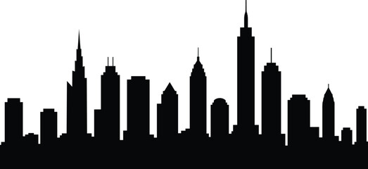Obraz premium City skyline silhouette vector illustration of modern skyscrapers and urban buildings, black cityscape design for logos, posters, and decorations