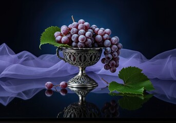 Frosted red grapes overflowing from an ornate antique silver goblet still life.