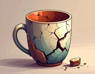 A cracked ceramic mug sits on a light surface, showing damage