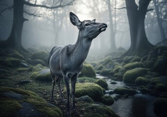 Majestic young deer standing in a mystical, foggy ancient forest at dawn