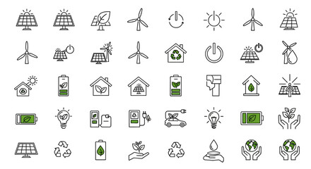 Set of renewable energy icons thin line vector symbols for sustainable power isolated on white background