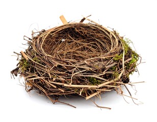 Obraz premium A close-up of an empty, intricately woven nest set against a white backdrop