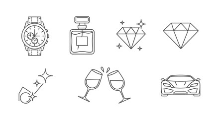 Luxury lifestyle line icons vector illustration of expensive items isolated on white background