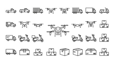 Set of delivery and transportation icons simple line vector design perfect for logistics and e-commerce applications