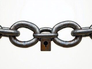 Obraz premium Close-up of a rusty metal chain secured with an old padlock against a plain light background, symbolizing security and restriction