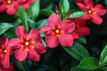 Close-up of vibrant red flowers with fresh green leaves and water droplets on petals and leaves