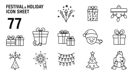 Festival and holiday icon set simple line art vector illustration for Christmas and New Year designs isolated on white background