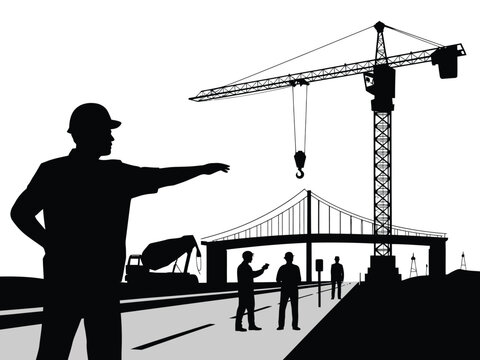 Civil engineers overseeing bridge construction site silhouette crane