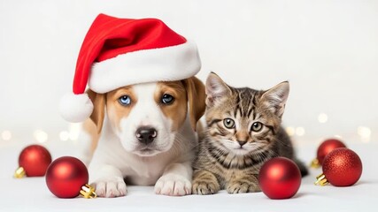 Puppy and kitten wearing a santa hat, surrounded by ornaments