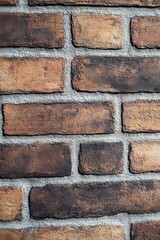 Fototapeta premium Close-up view of a textured brick wall with alternating dark and light brown bricks and gray mortar in between