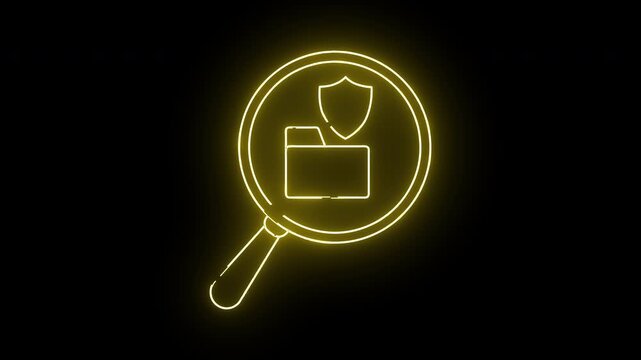 A glowing yellow outline shows a magnifying glass examining a protected file folder on a black background