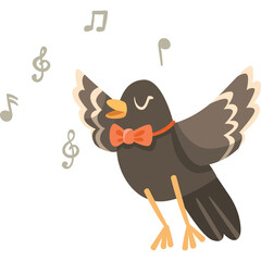 A Black Bird Wearing an Orange Bow Tie Sings Joyfully with Musical Notes Floating Around Its Head on a Transparent Background