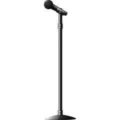 A Black Dynamic Microphone Mounted on a Tall Adjustable Stand with a Round Base on a White...