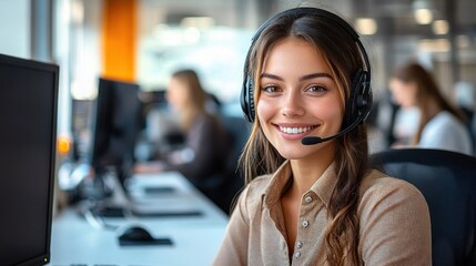 Smiling young woman wearing headset working at computer in a modern office call center environment with colleagues in background