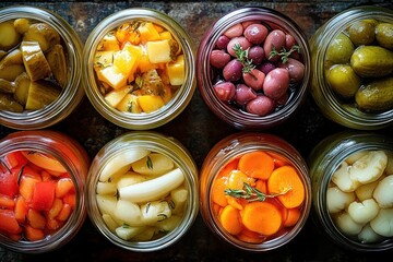 Top-down view of eight glass jars filled with various colorful pickled vegetables including cucumbers, carrots, olives, onions, and mixed vegetables arranged on a dark wooden surface