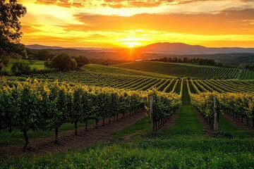 Sunset over a lush vineyard with rows of grapevines stretching towards distant hills under a glowing orange sky