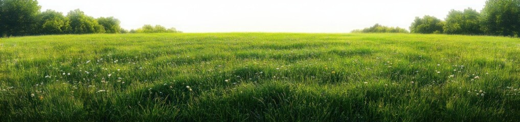 Obraz premium Wide panoramic view of a vibrant green grassy field with scattered wildflowers under soft sunlight and a line of green trees in the background
