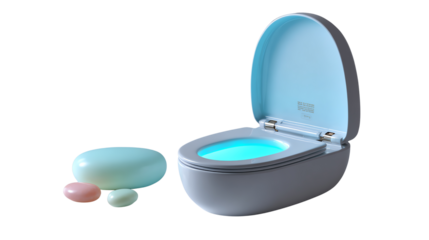 Futuristic Restroom Design: An ultra-modern toilet with a glowing blue interior, accompanied by uniquely shaped soap, showcases an innovative and contemporary bathroom concept.