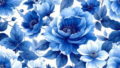 A seamless pattern featuring vibrant blue floral arrangement