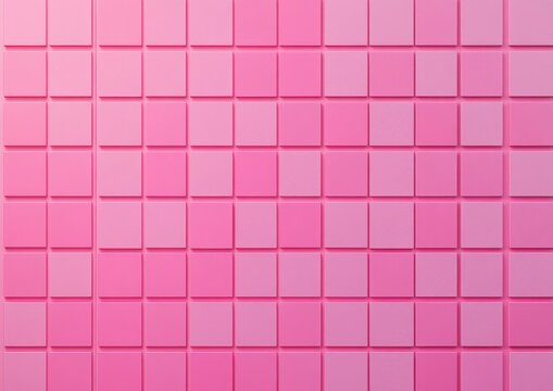 uniform grid of small square tiles on a pink wall creating a modern geometric pattern with varying pink shades and soft shadows