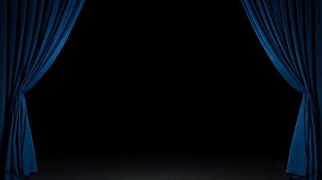 Rich blue curtains part slightly, revealing suspenseful, dimly lit mystery.