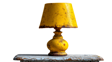 Vintage Table Lamp: An aged and weathered yellow lamp with a distinctive lampshade, standing as a beacon of warmth. The lamp rests elegantly on an aged wooden surface.