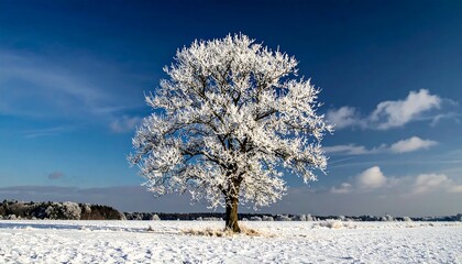 A solitary tree is covered in frost against a vivid, blue sky