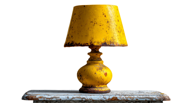 Vintage Table Lamp: An aged and weathered yellow lamp with a distinctive lampshade, standing as a beacon of warmth. The lamp rests elegantly on an aged wooden surface.