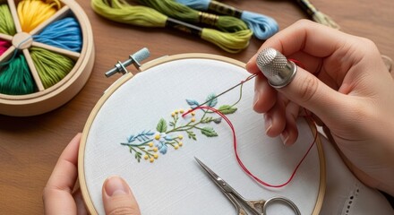 Hands embroidering a delicate floral pattern with colorful threads and crafting tools