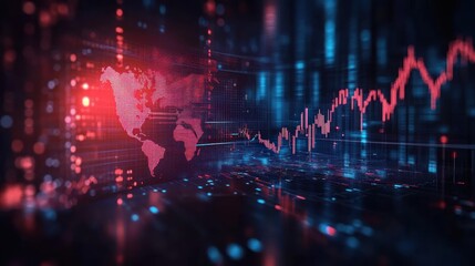 Digital representation of global map with fluctuating red stock market or financial graph over futuristic blue and red data background