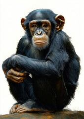 Close-up of a young chimpanzee sitting with arms crossed on legs looking thoughtfully ahead with a calm expression