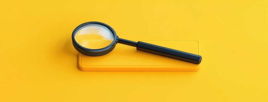 Black magnifying glass placed on top of a yellow rectangular box on a solid yellow background conveying focus and investigation