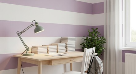 A serene study corner with a desk, books, and lamp against striped walls