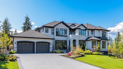 Elegant luxury house exterior with large driveway and blue sky view