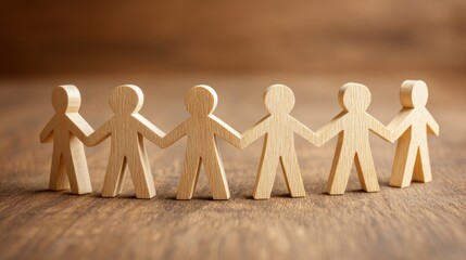 A wooden figure of a person holding hands with another wooden figure on a wooden table.