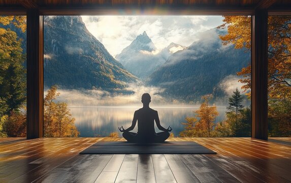 Person meditating in lotus position on a wooden floor facing a large serene lake surrounded by autumn trees and misty mountains under a cloudy sky