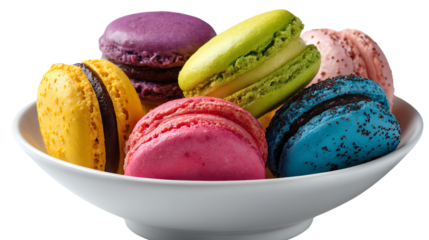 Vibrant Macarons: A close-up view of a selection of colorful, artfully arranged macarons in a white bowl, showcasing their delicate textures and delightful hues.