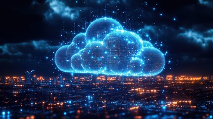 Glowing digital cloud composed of blue and orange light particles floating above a cityscape at night under dark cloudy sky