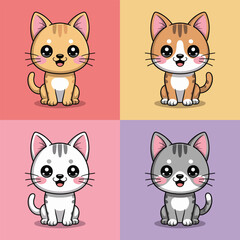Cute Kittens Vector Set – Adorable Cartoon Cats in Kawaii Style on Colorful Backgrounds