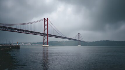 Fototapeta premium Massive suspension structure spans wide waterway beneath heavy overcast skies