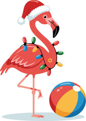 Tropical Christmas Flamingo Vector – Cute Pink Flamingo with Santa Hat and Beach Ball